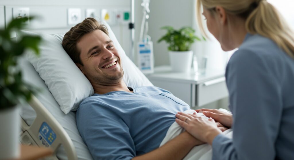 smiling patient in hospital bed