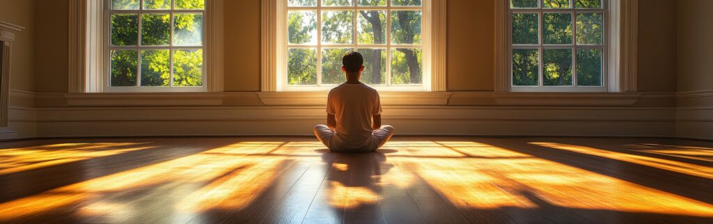 man meditating in a sunlit room